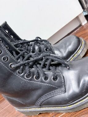 Dr. Martens Black Leather Lace-Up Work Boots with Yellow Welt Stitch